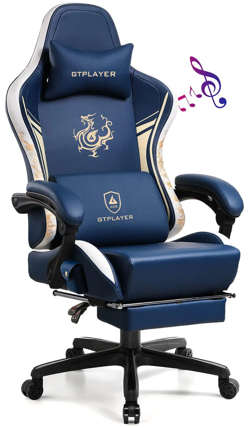 Ergonomic Gaming Chair with Bluetooth Speakers and Footrest - GTPLAYER Dragon Series Blue Office Chair
