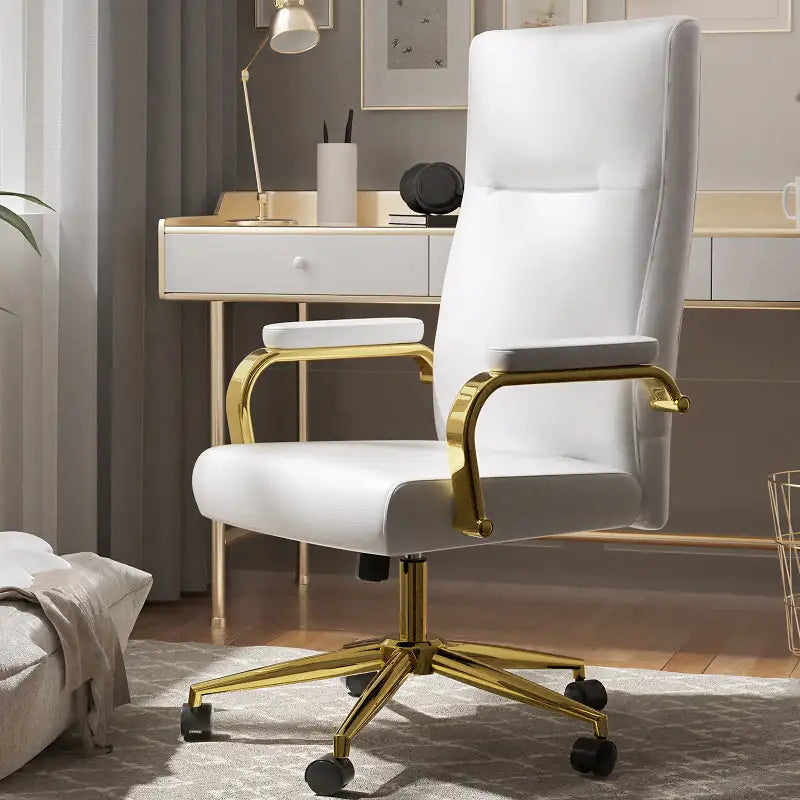 Executive Office Chair for Women - White or Pink Leather High-Back Chair with Gold Arms and Back Support