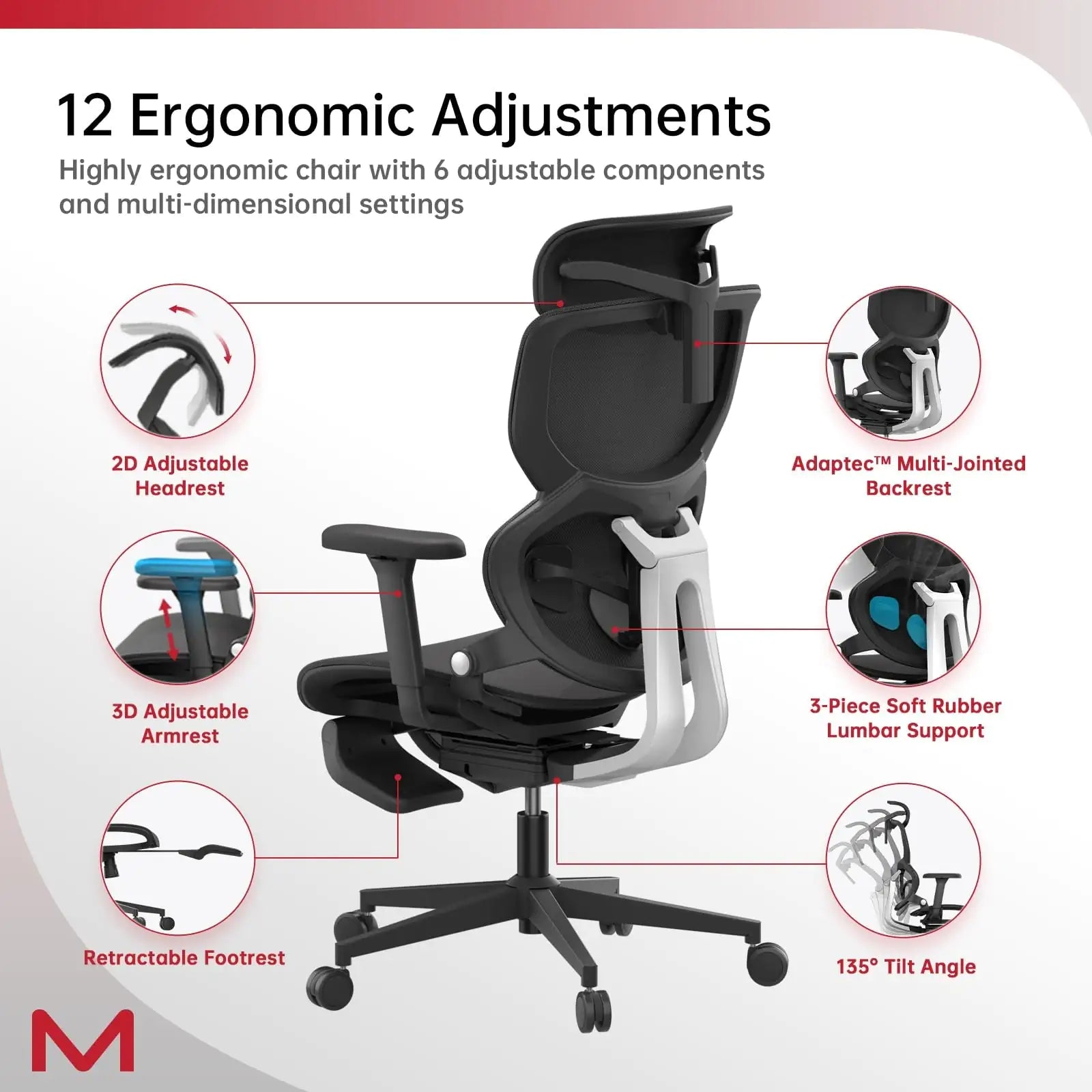 Ergonomic Office Chair with Footrest - Q3-MT Mesh Computer Chair with Soft Rubber Lumbar Support