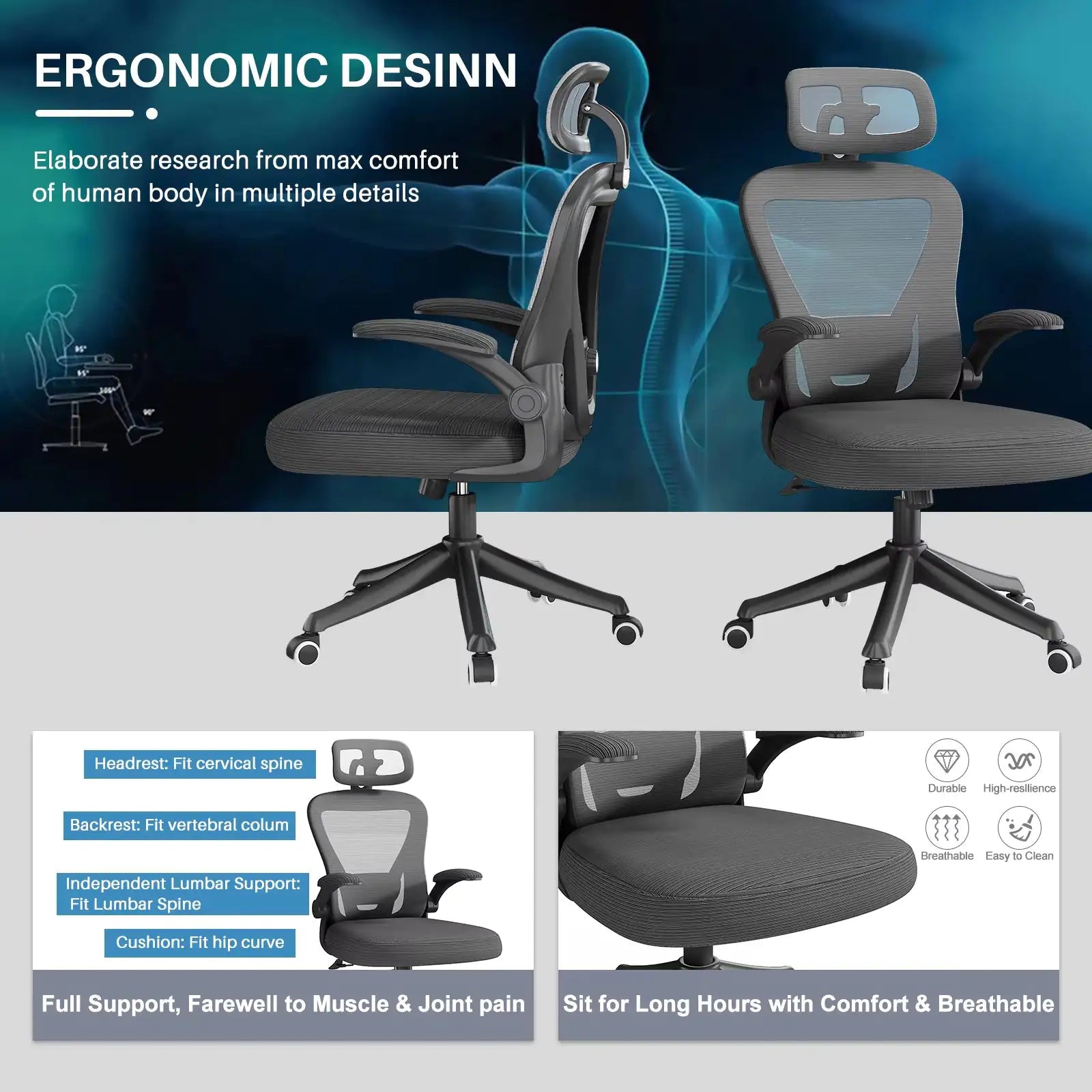 Ergonomic Black Swivel Office Chair - High-Back Mesh Executive Chair with Adjustable Lumbar Support