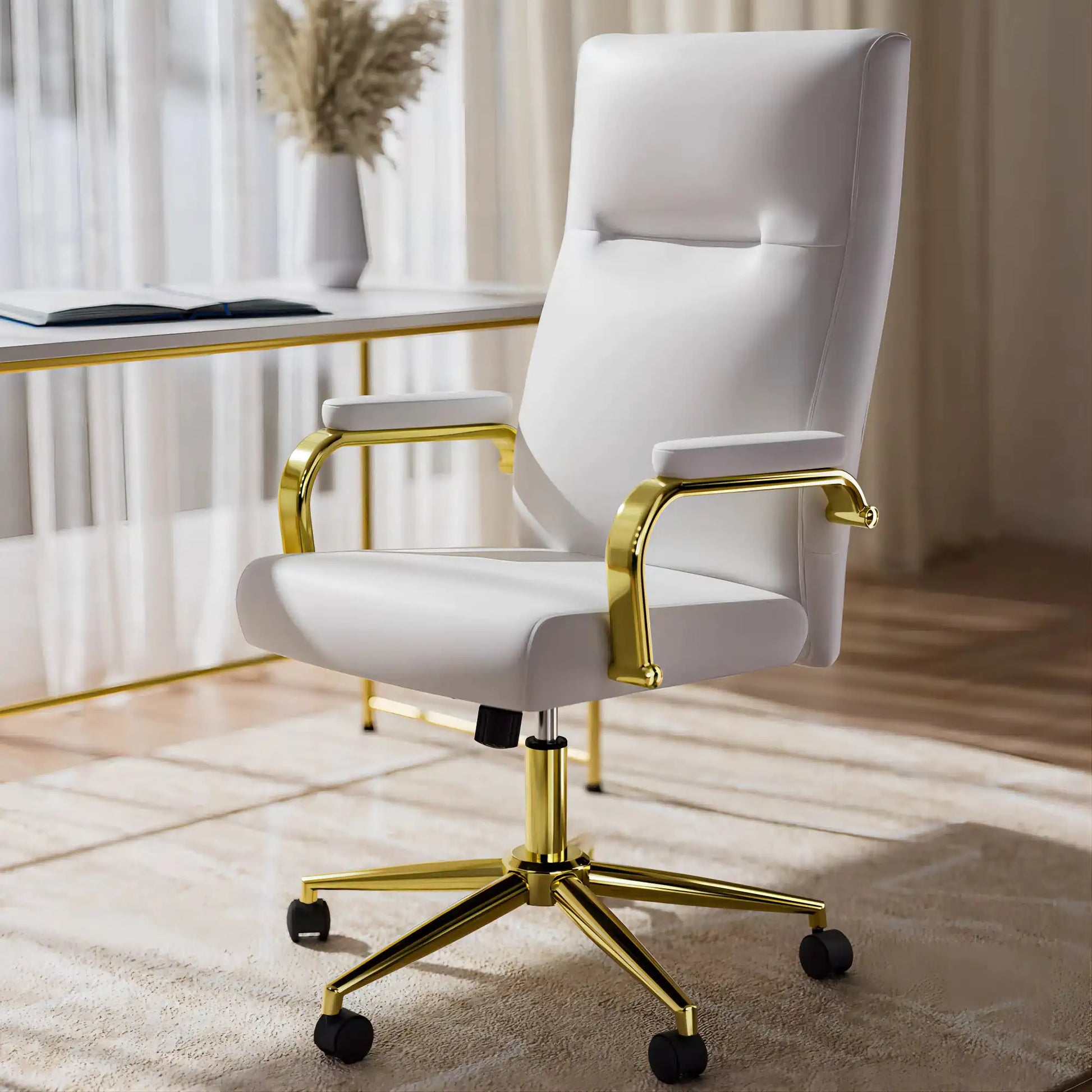 Executive Office Chair for Women - White or Pink Leather High-Back Chair with Gold Arms and Back Support