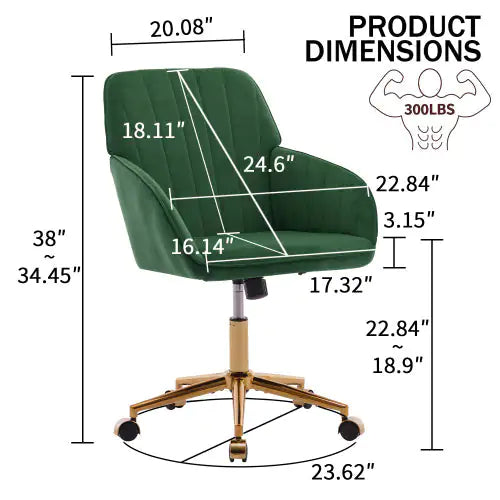 Adjustable Ergonomic Swivel Chair - TY Green Velvet Office Chair with Lumbar Support for Long Sitting