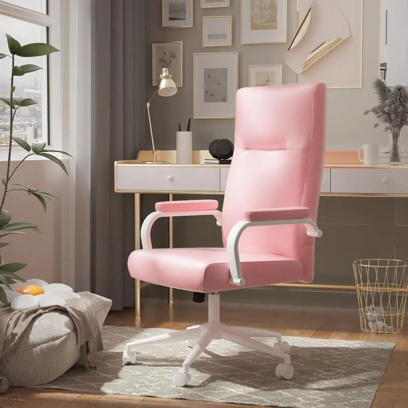 Executive Office Chair for Women - White or Pink Leather High-Back Chair with Gold Arms and Back Support